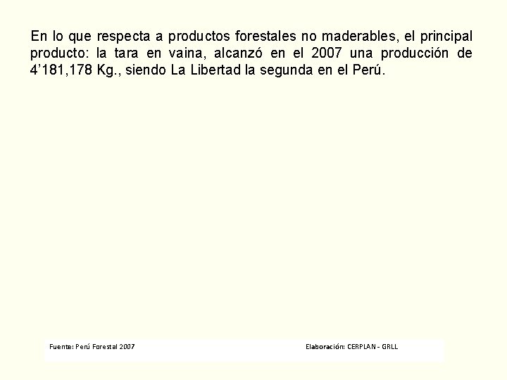 En lo que respecta a productos forestales no maderables, el principal producto: la tara