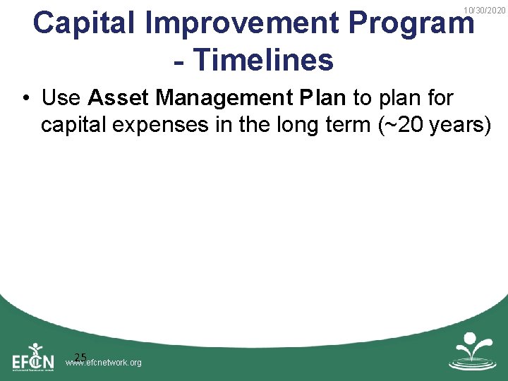 Capital Improvement Program - Timelines 10/30/2020 • Use Asset Management Plan to plan for