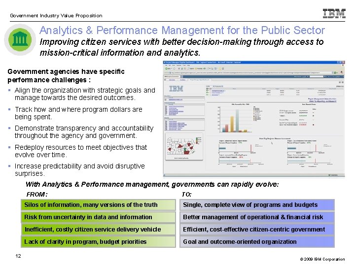 Government Industry Value Proposition Analytics & Performance Management for the Public Sector Improving citizen