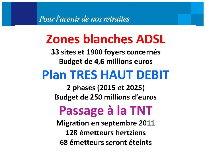 Zones blanches ADSL 33 sites et 1900 foyers concernés Budget de 4, 6 millions