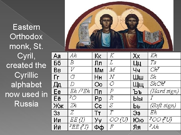 Eastern Orthodox monk, St. Cyril, created the Cyrillic alphabet now used in Russia 