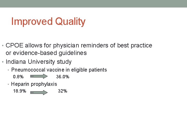 Improved Quality • CPOE allows for physician reminders of best practice or evidence-based guidelines