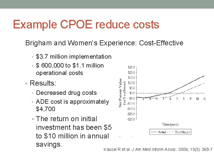 Example CPOE reduce costs Brigham and Women’s Experience: Cost-Effective • $3. 7 million implementation