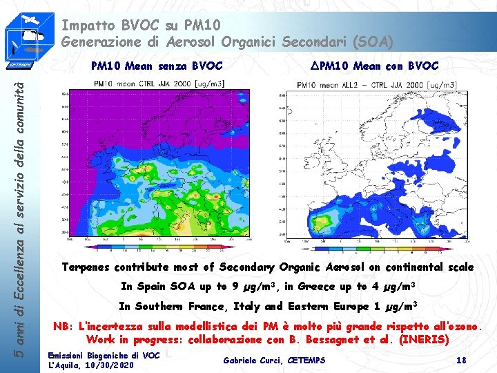 Impatto BVOC su PM 10 Generazione di Aerosol Organici Secondari (SOA) 5 anni di
