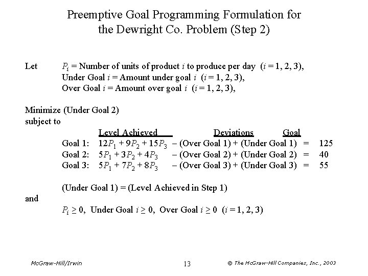 Preemptive Goal Programming Formulation for the Dewright Co. Problem (Step 2) Let Pi =