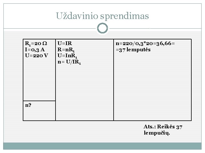 Uždavinio sprendimas R 1=20 Ω I=0, 3 A U=220 V U=IR R=n. R 1