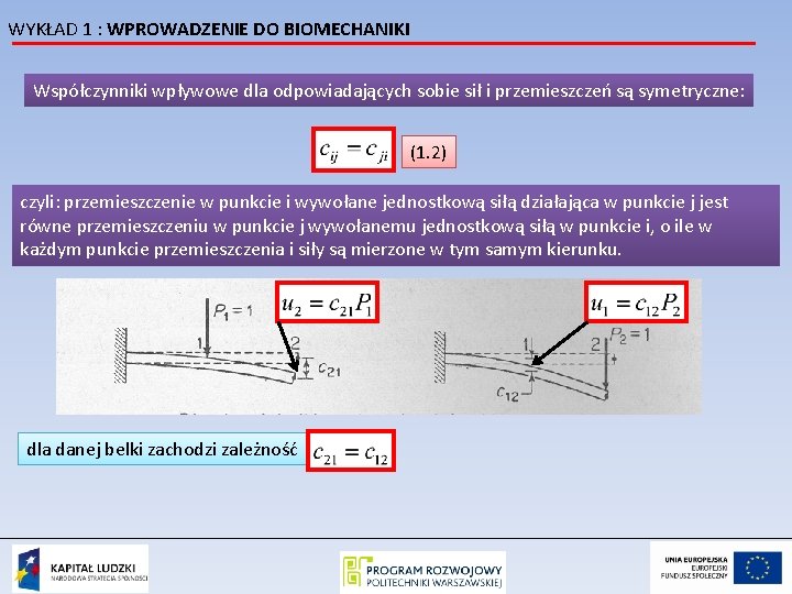 WYKŁAD 1 : WPROWADZENIE DO BIOMECHANIKI Współczynniki wpływowe dla odpowiadających sobie sił i przemieszczeń