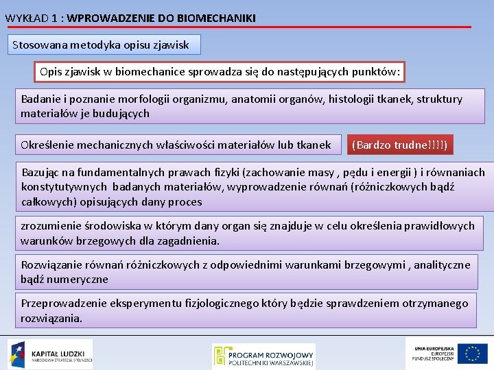 WYKŁAD 1 : WPROWADZENIE DO BIOMECHANIKI Stosowana metodyka opisu zjawisk Opis zjawisk w biomechanice