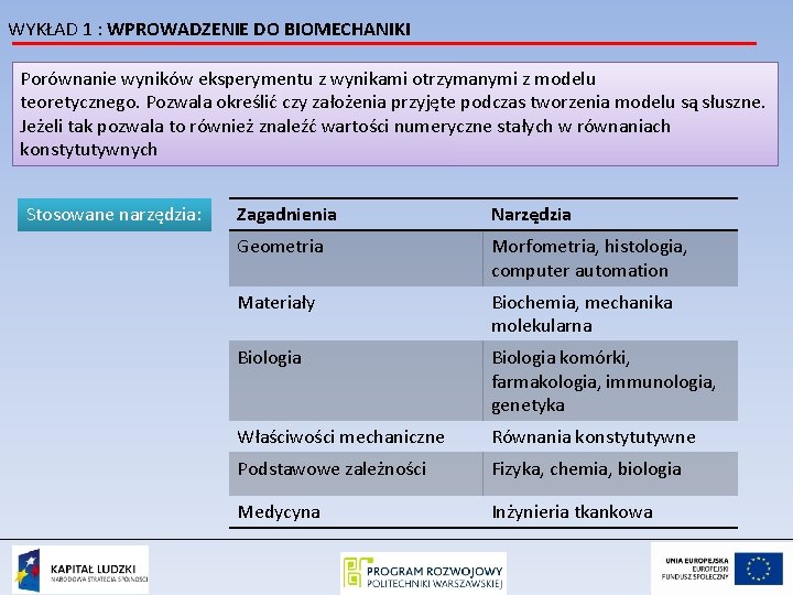 WYKŁAD 1 : WPROWADZENIE DO BIOMECHANIKI Porównanie wyników eksperymentu z wynikami otrzymanymi z modelu