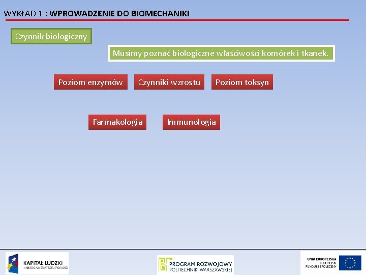 WYKŁAD 1 : WPROWADZENIE DO BIOMECHANIKI Czynnik biologiczny Musimy poznać biologiczne właściwości komórek i