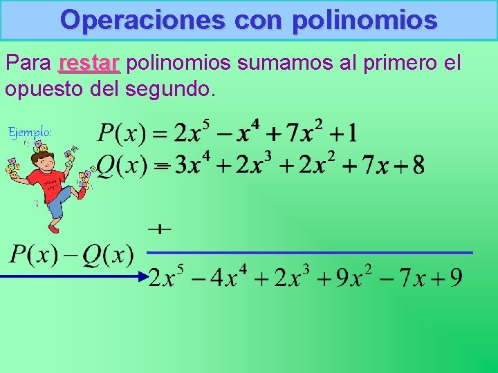 Operaciones con polinomios Para restar polinomios sumamos al primero el opuesto del segundo. Ejemplo: