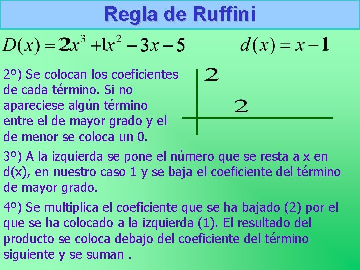 Regla de Ruffini 2º) Se colocan los coeficientes de cada término. Si no apareciese