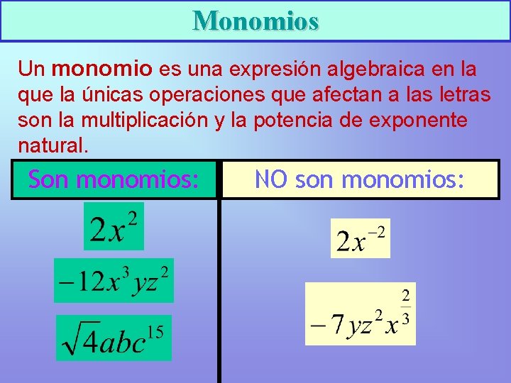 Monomios Un monomio es una expresión algebraica en la que la únicas operaciones que