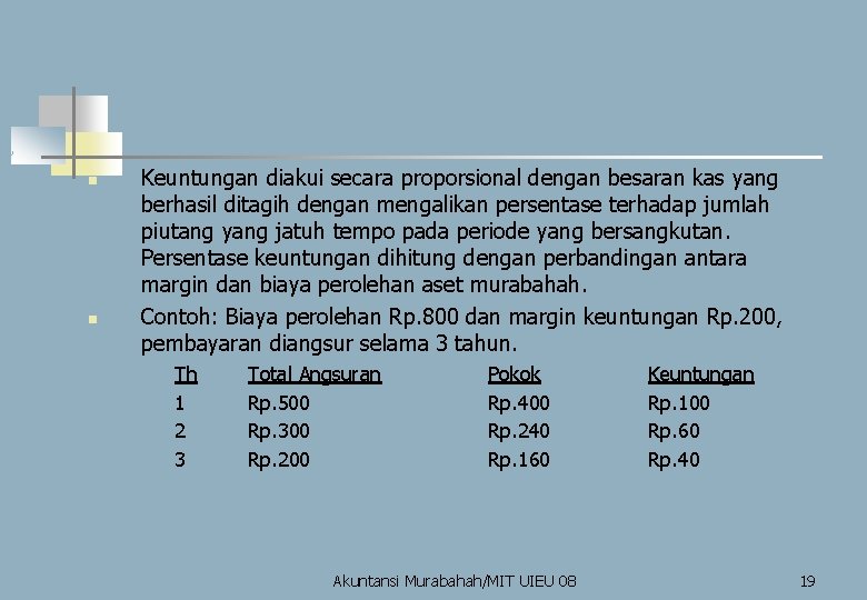 Keuntungan diakui secara proporsional dengan besaran kas yang berhasil ditagih dengan mengalikan persentase terhadap