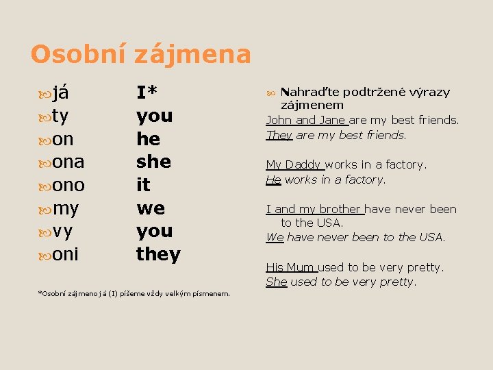 Osobní zájmena já ty on ona ono my vy oni I* you he she