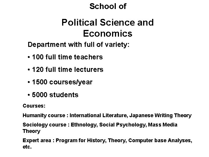 School of Political Science and Economics Department with full of variety: • 100 full