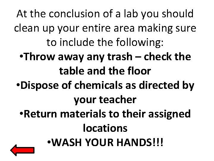 At the conclusion of a lab you should clean up your entire area making