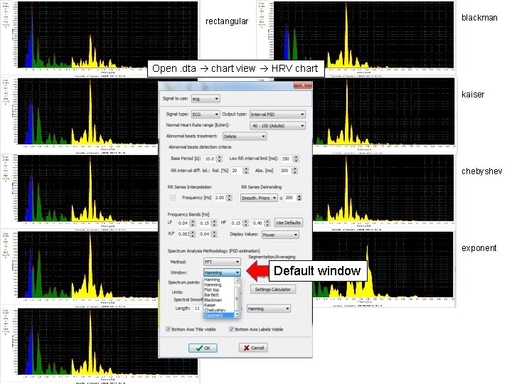 blackman rectangular Open. dta chart view HRV chart hanning kaiser hamming chebyshev flat top