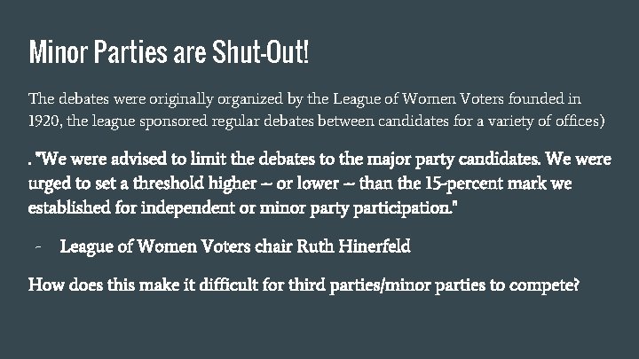 Minor Parties are Shut-Out! The debates were originally organized by the League of Women