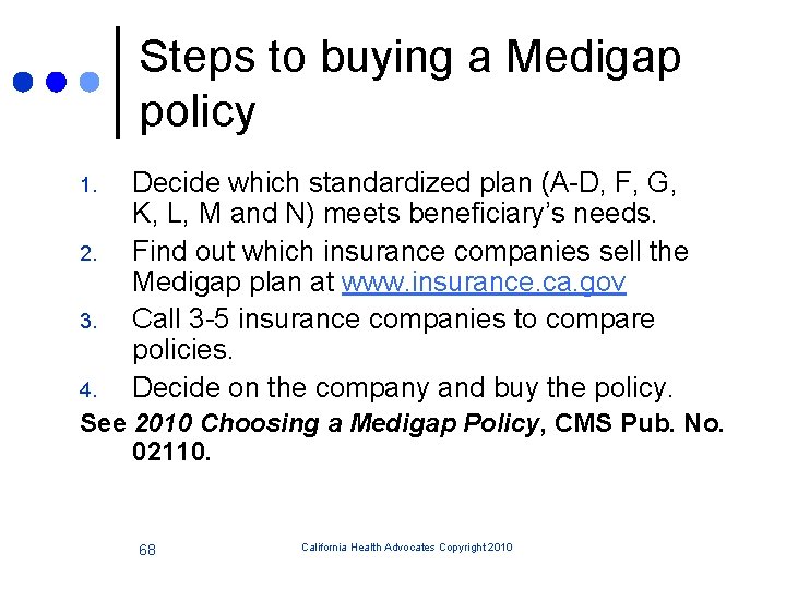 Steps to buying a Medigap policy 1. 2. 3. 4. Decide which standardized plan