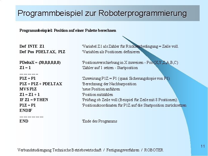 Programmbeispiel zur Roboterprogrammierung Programmbeispiel: Position auf einer Palette berechnen Def INTE Z 1 Def