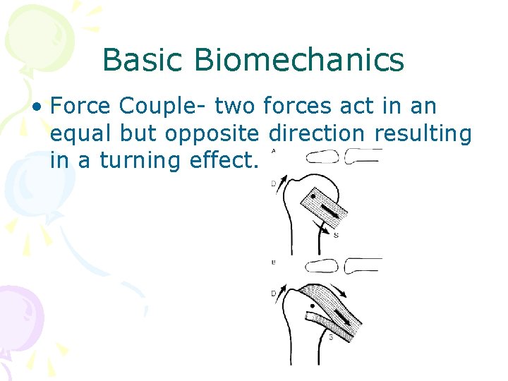 Basic Biomechanics • Force Couple- two forces act in an equal but opposite direction Basic Biomechanics • Force Couple- two forces act in an equal but opposite direction