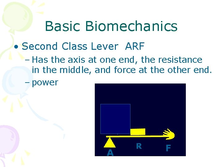 Basic Biomechanics • Second Class Lever ARF – Has the axis at one end,