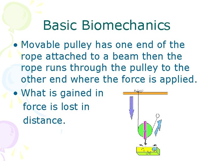 Basic Biomechanics • Movable pulley has one end of the rope attached to a