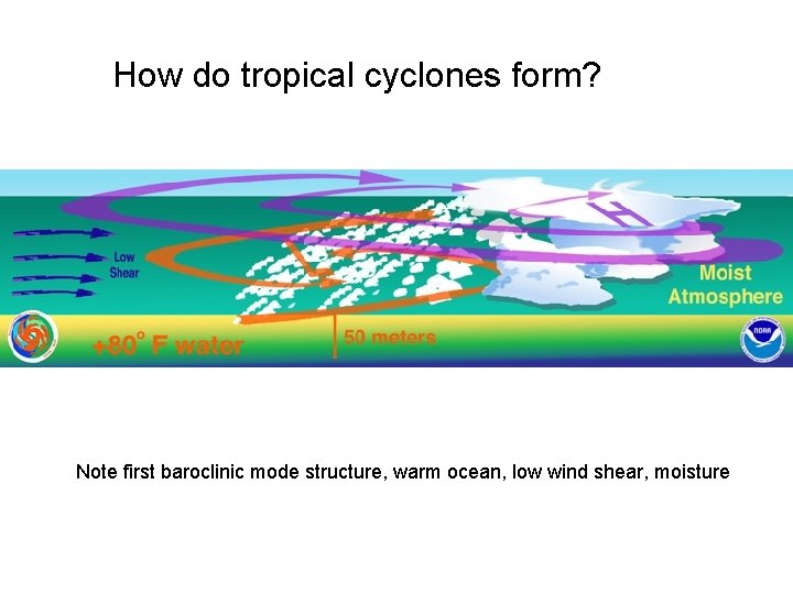 How do tropical cyclones form? Note first baroclinic mode structure, warm ocean, low wind