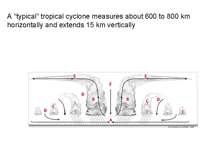 A “typical” tropical cyclone measures about 600 to 800 km horizontally and extends 15