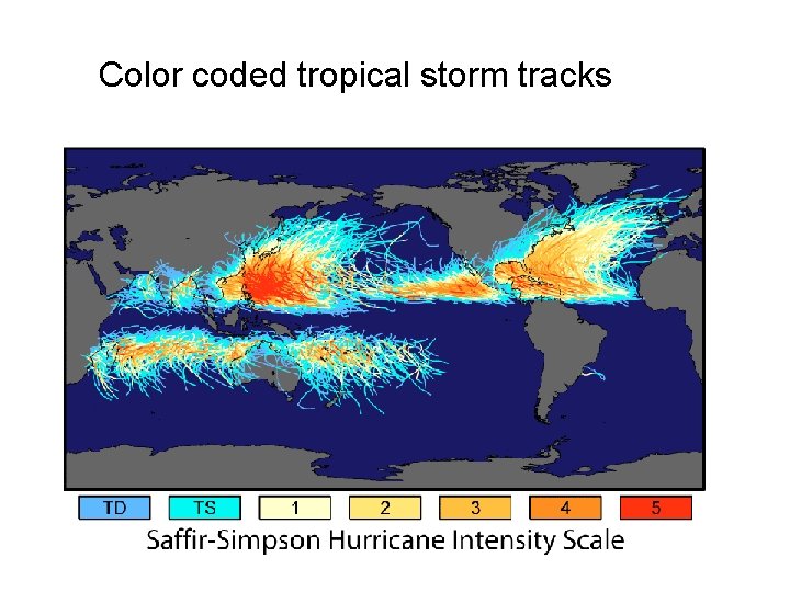 Color coded tropical storm tracks 