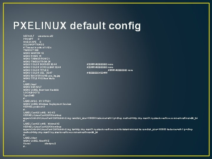 PXELINUX default config DEFAULT vesamenu. c 32 PROMPT 0 NOESCAPE 0 ALLOWOPTIONS 0 #