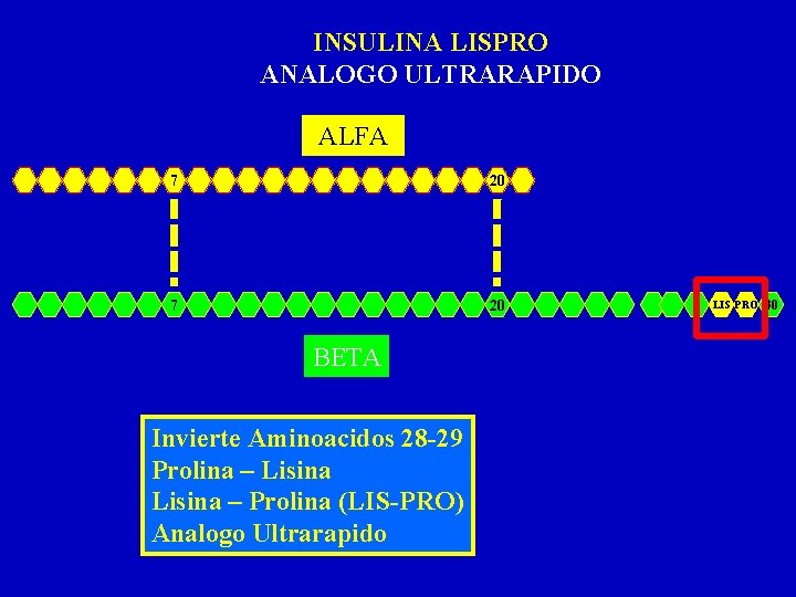 INSULINA LISPRO ANALOGO ULTRARAPIDO ALFA 7 20 BETA Invierte Aminoacidos 28 -29 Prolina –
