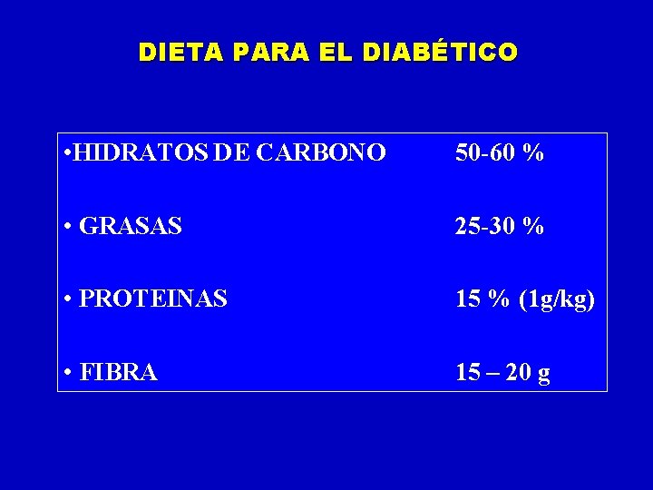 DIETA PARA EL DIABÉTICO • HIDRATOS DE CARBONO 50 -60 % • GRASAS 25