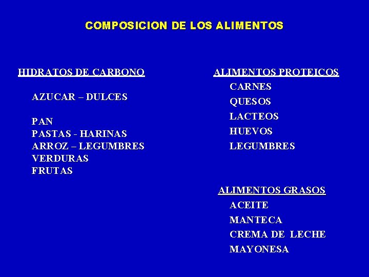 COMPOSICION DE LOS ALIMENTOS HIDRATOS DE CARBONO AZUCAR – DULCES PAN PASTAS - HARINAS