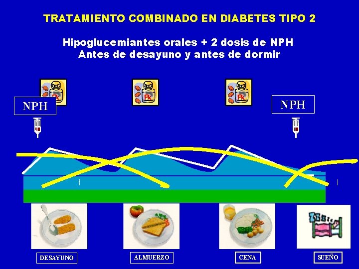 TRATAMIENTO COMBINADO EN DIABETES TIPO 2 Hipoglucemiantes orales + 2 dosis de NPH Antes