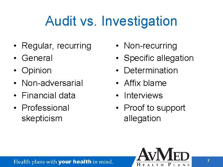 Audit vs. Investigation • • • Regular, recurring General Opinion Non-adversarial Financial data Professional