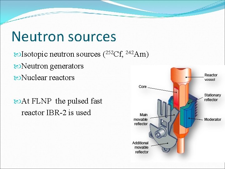 Neutron sources Isotopic neutron sources (252 Cf, 242 Am) Neutron generators Nuclear reactors At