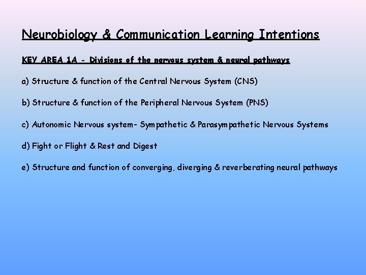 Neurobiology & Communication Learning Intentions KEY AREA 1 A - Divisions of the nervous