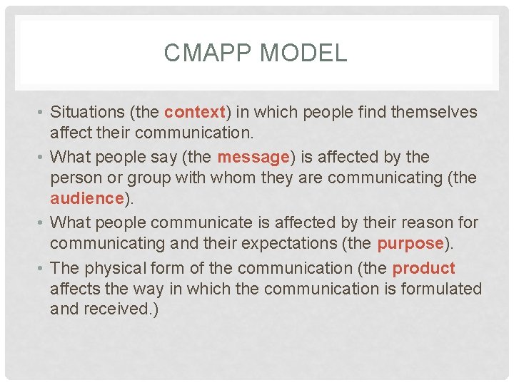 CMAPP MODEL • Situations (the context) in which people find themselves affect their communication.