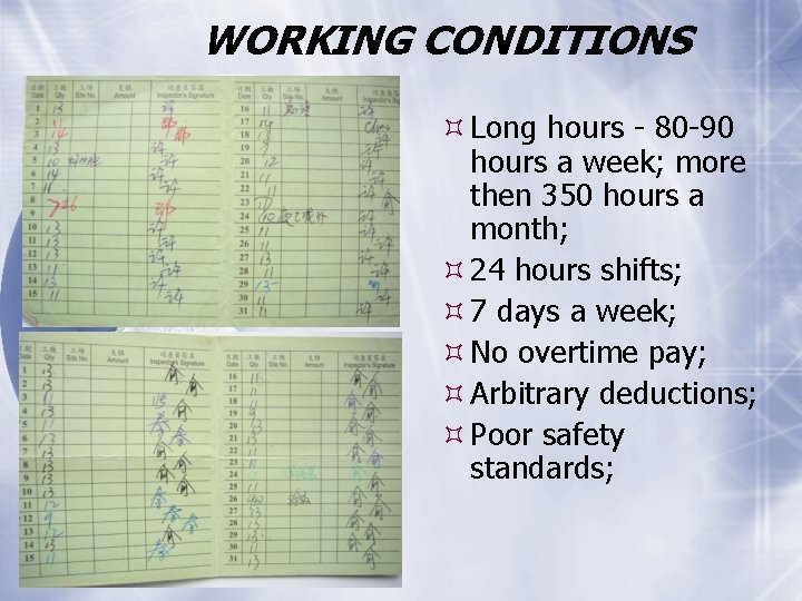WORKING CONDITIONS Long hours - 80 -90 hours a week; more then 350 hours