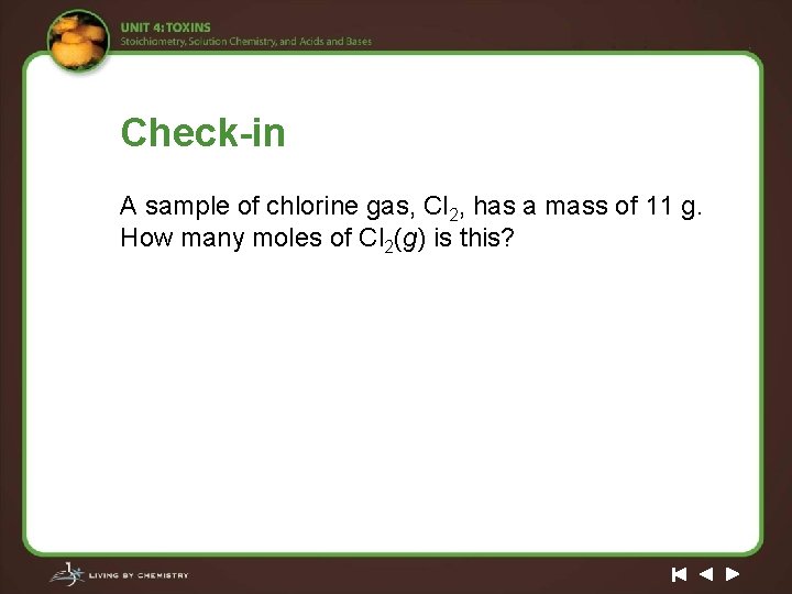 Check-in A sample of chlorine gas, Cl 2, has a mass of 11 g.