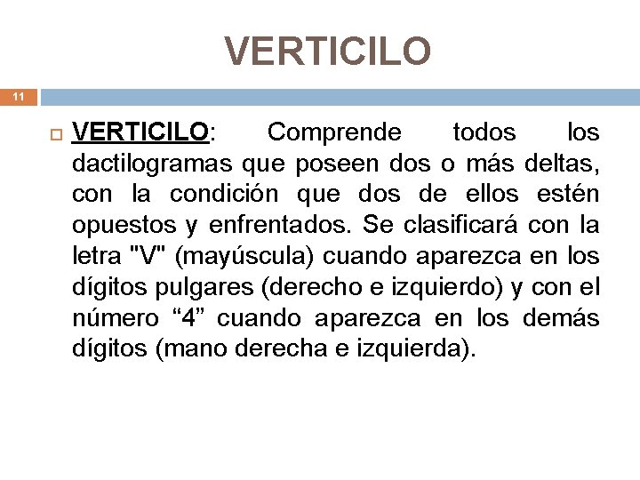 VERTICILO 11 VERTICILO: Comprende todos los dactilogramas que poseen dos o más deltas, con