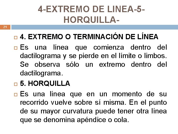 4 -EXTREMO DE LINEA-5 HORQUILLA 21 4. EXTREMO O TERMINACIÓN DE LÍNEA Es una
