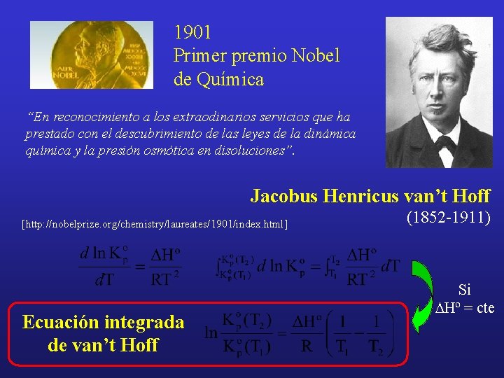 1901 Primer premio Nobel de Química “En reconocimiento a los extraodinarios servicios que ha