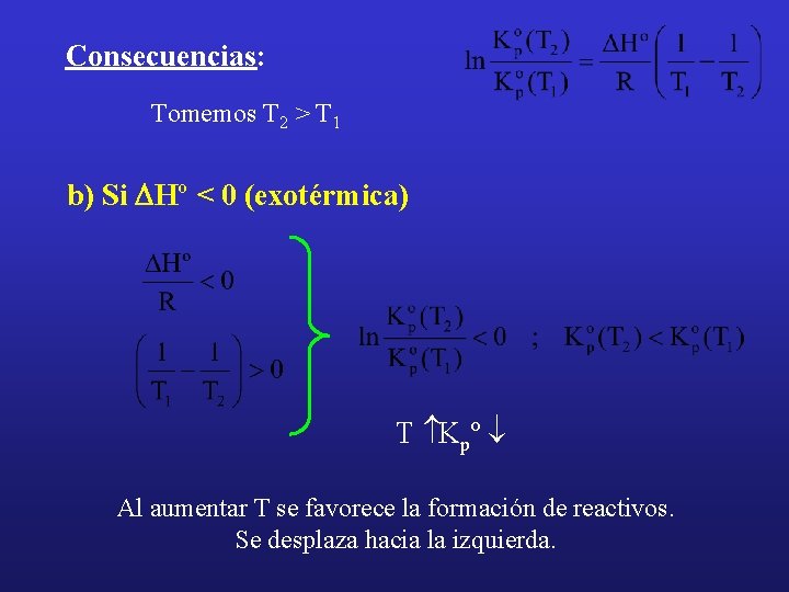 Consecuencias: Tomemos T 2 > T 1 b) Si DHº < 0 (exotérmica) T