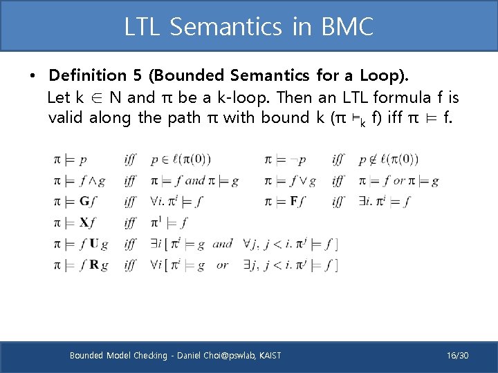 LTL Semantics in BMC • Definition 5 (Bounded Semantics for a Loop). Let k