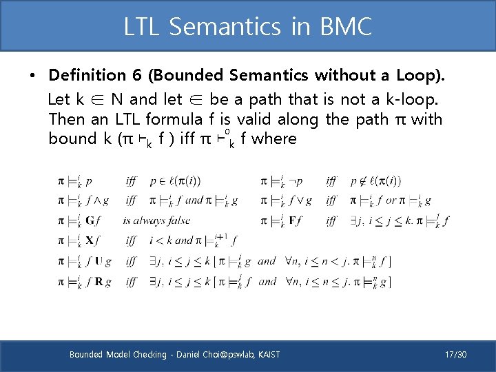 LTL Semantics in BMC • Definition 6 (Bounded Semantics without a Loop). Let k