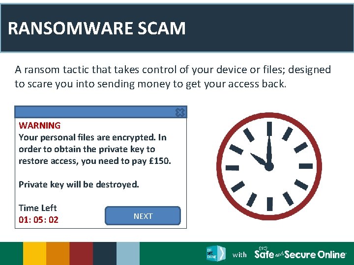 RANSOMWARE SCAM A ransom tactic that takes control of your device or files; designed