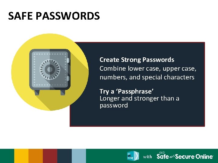 SAFE PASSWORDS Create Strong Passwords Combine lower case, upper case, numbers, and special characters